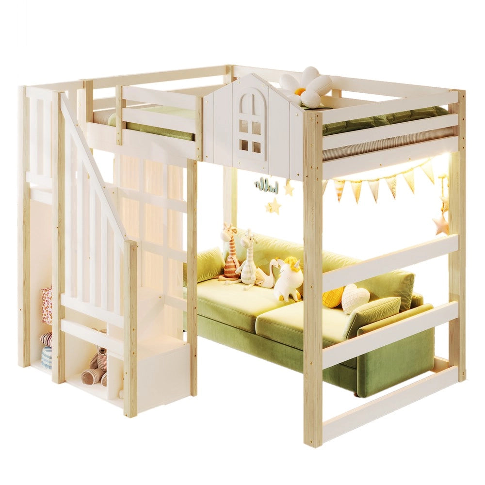 Letto a soppalco ¨C Minimal ¨C 140x200cm, bianco, legno pino, con luci LED, senza materasso