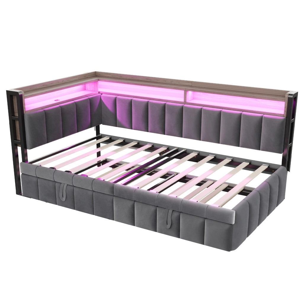 Divano letto estraibile 90x200 cm con LED, USB e USB-C in velluto grigio scuro
