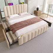 Letto imbottito 140x190 cm beige con 4 cassetti; USB e Type-C
