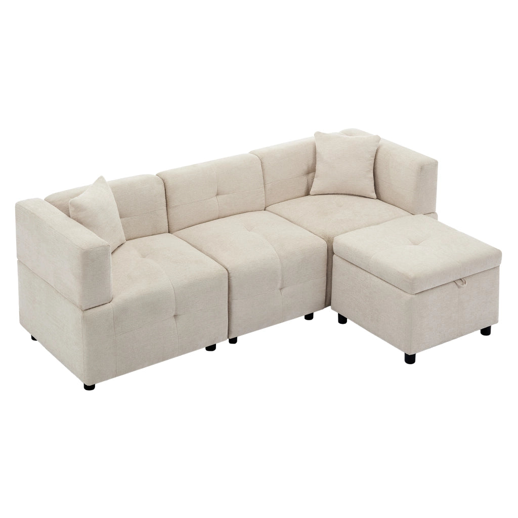 Divano angolare 3 posti in ciniglia beige con pouf contenitore e 2 cuscini