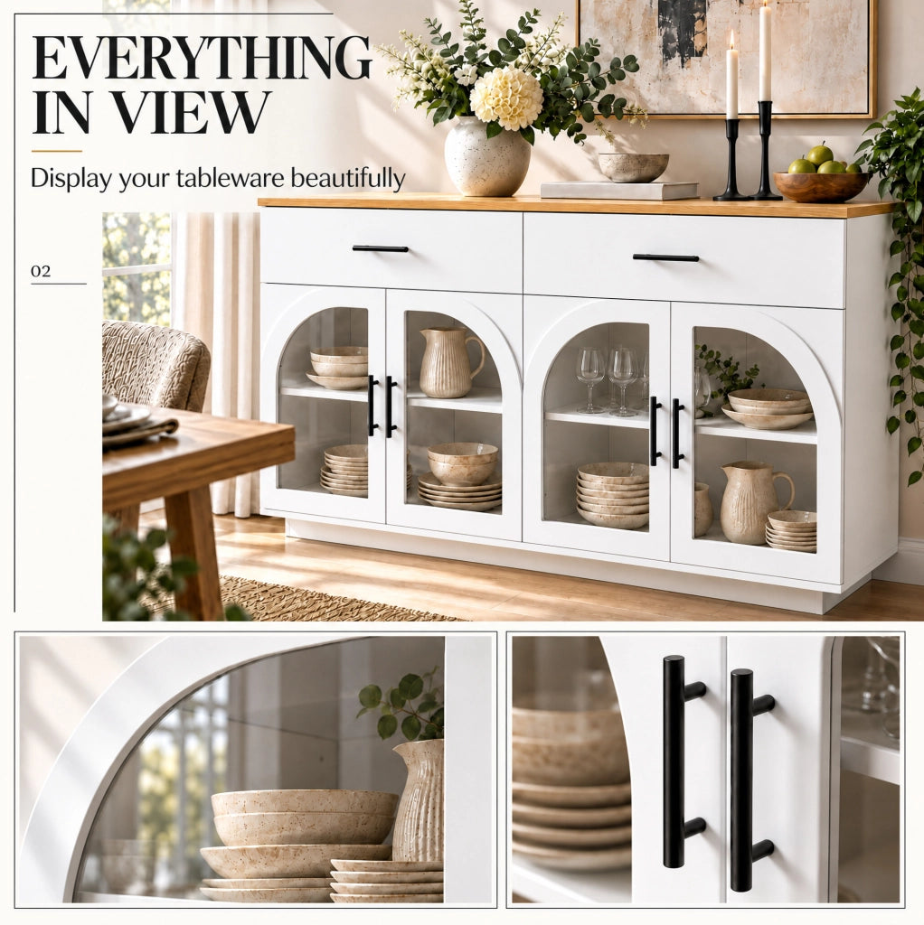 Buffet Cucina con LED, 2 Cassetti e 4 Ante, Ripiani Interni, 147x40x86 cm, Bianco