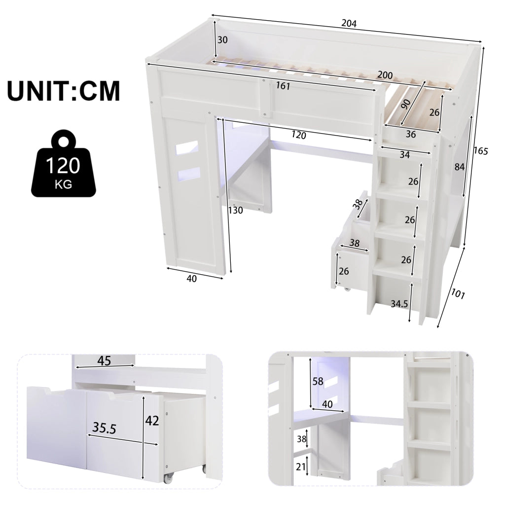 Letto a soppalco gaming 90 × 200 cm con scrivania led usb type-c legno di pino bianco due cassetti