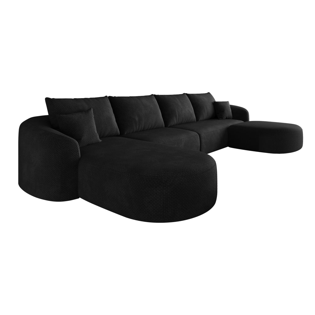 Divano panoramico a U modulare senza montaggio, design salvaspazio per soggiorno, in tessuto di ciniglia nero