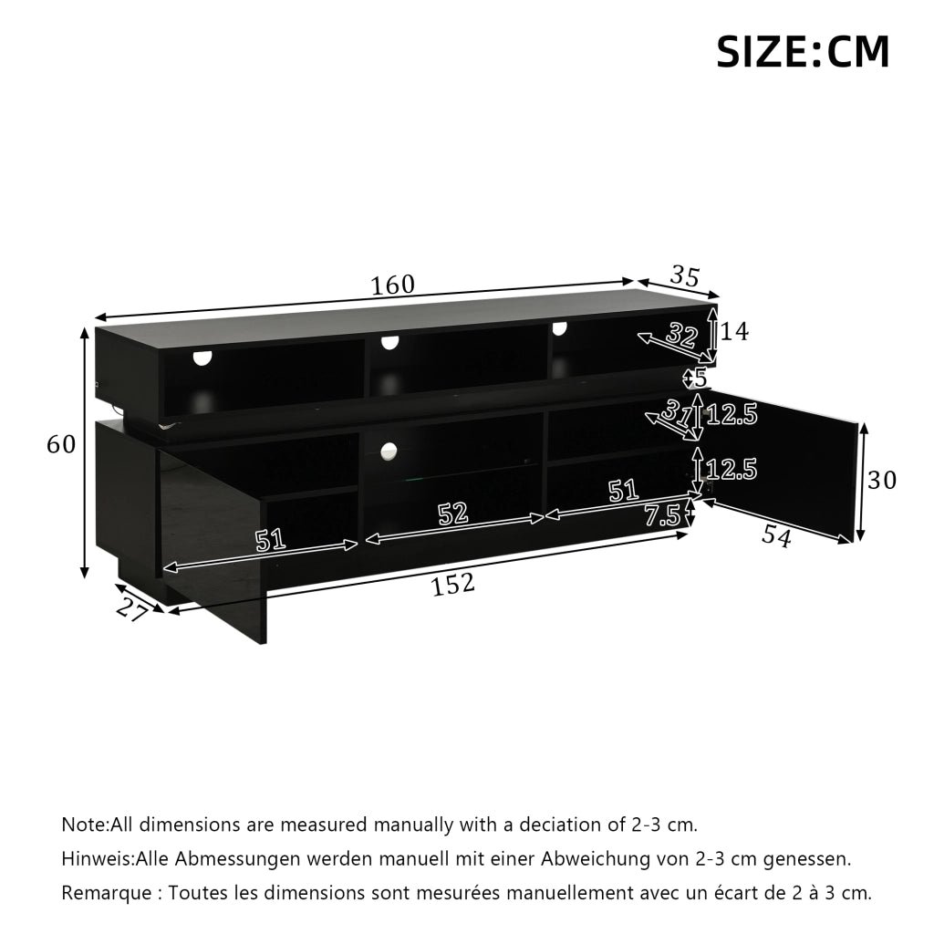 Mobile TV con LED e 10 vani; 160 x 35 x 60 cm; MDF e vetro temperato; nero