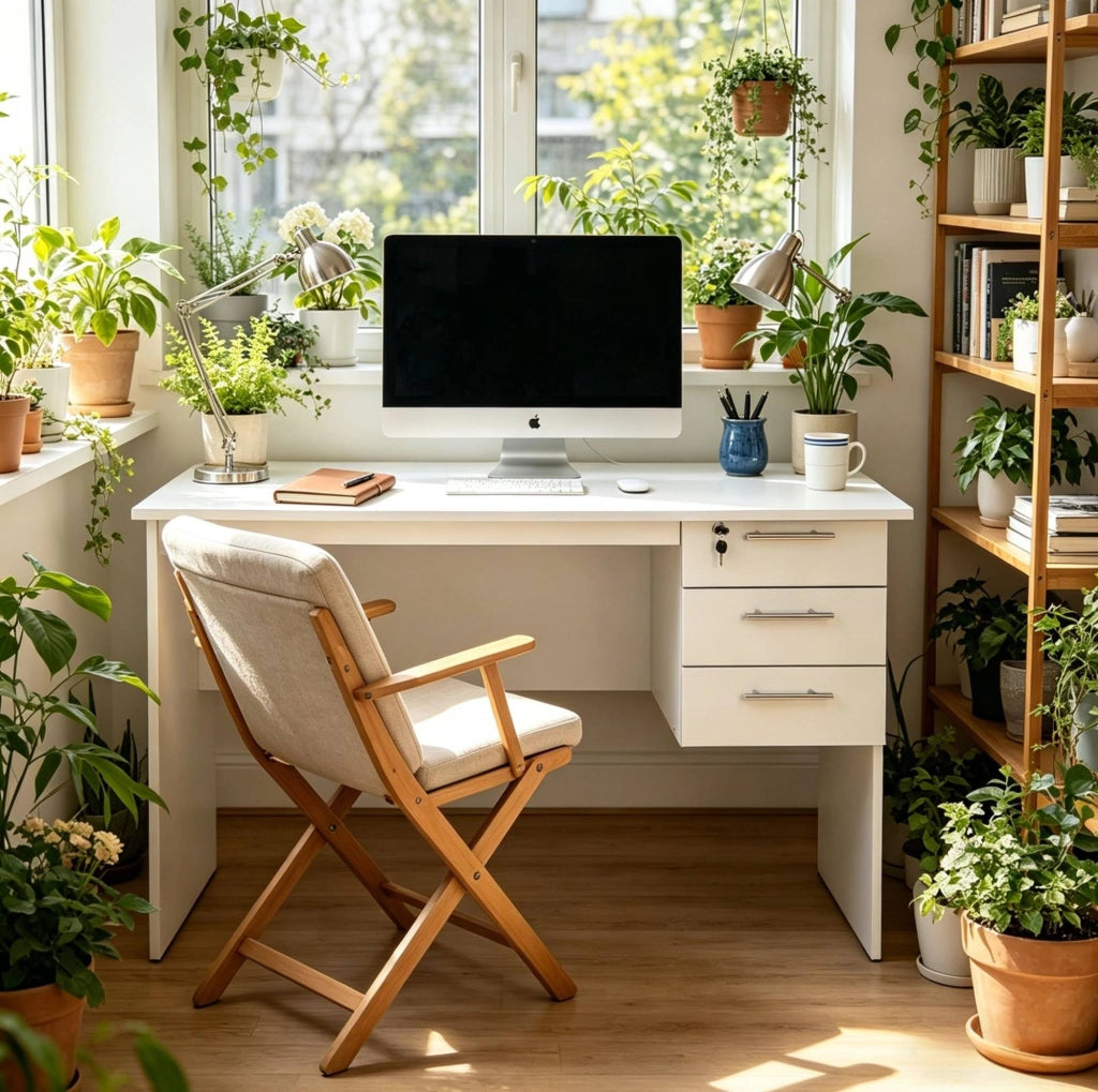 Scrivania da ufficio in legno bianco con 3 cassetti e piano di 120x60 cm