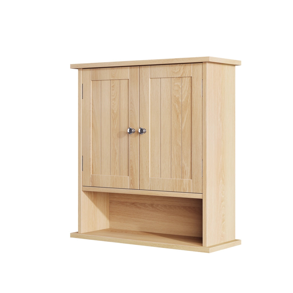 Armadietto pensile da bagno con 2 ante e vano aperto, finitura effetto rovere, in MDF marrone multicolore, per bagno