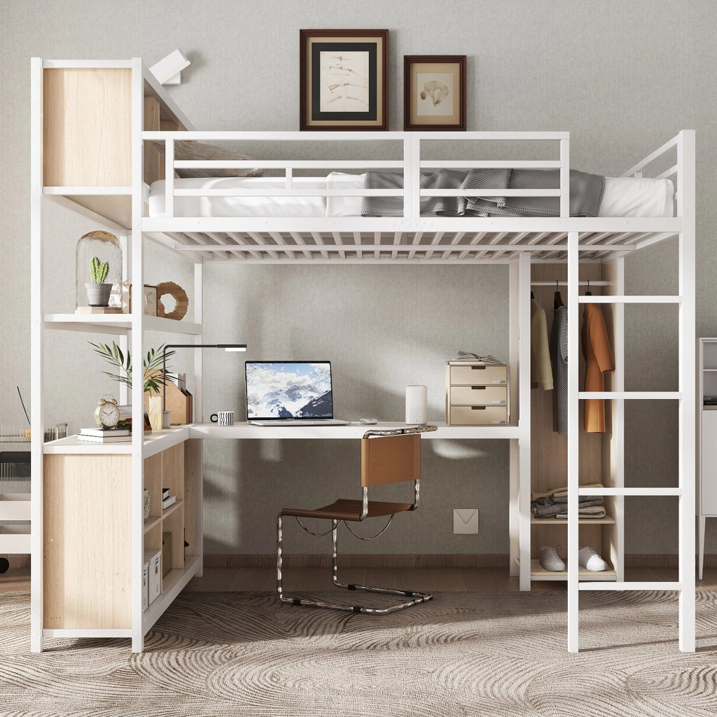 Letto a soppalco 140 × 200 cm con scrivania armadio e vani contenitore in ferro e truciolare