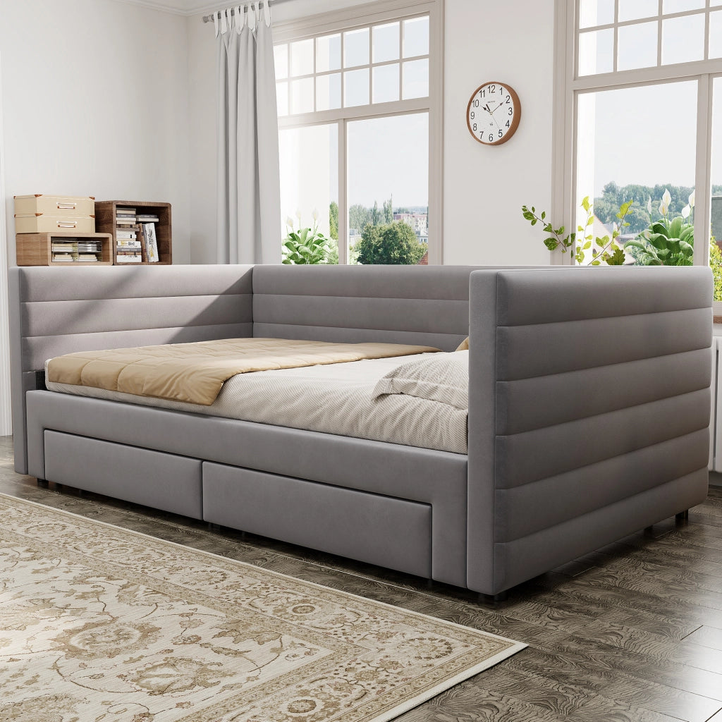 Letto salvaspazio estraibile imbottito 90×190 cm e 180×190 cm con 2 cassetti; senza materasso; grigio