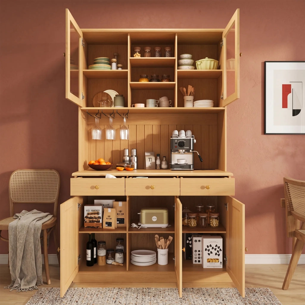 Credenza Alta da Pranzo 120x40x191 cm, Colore Naturale, Ante in Vetro, Portabicchieri, Ampio Spazio, Presa Integrata con USB-C e USB-A