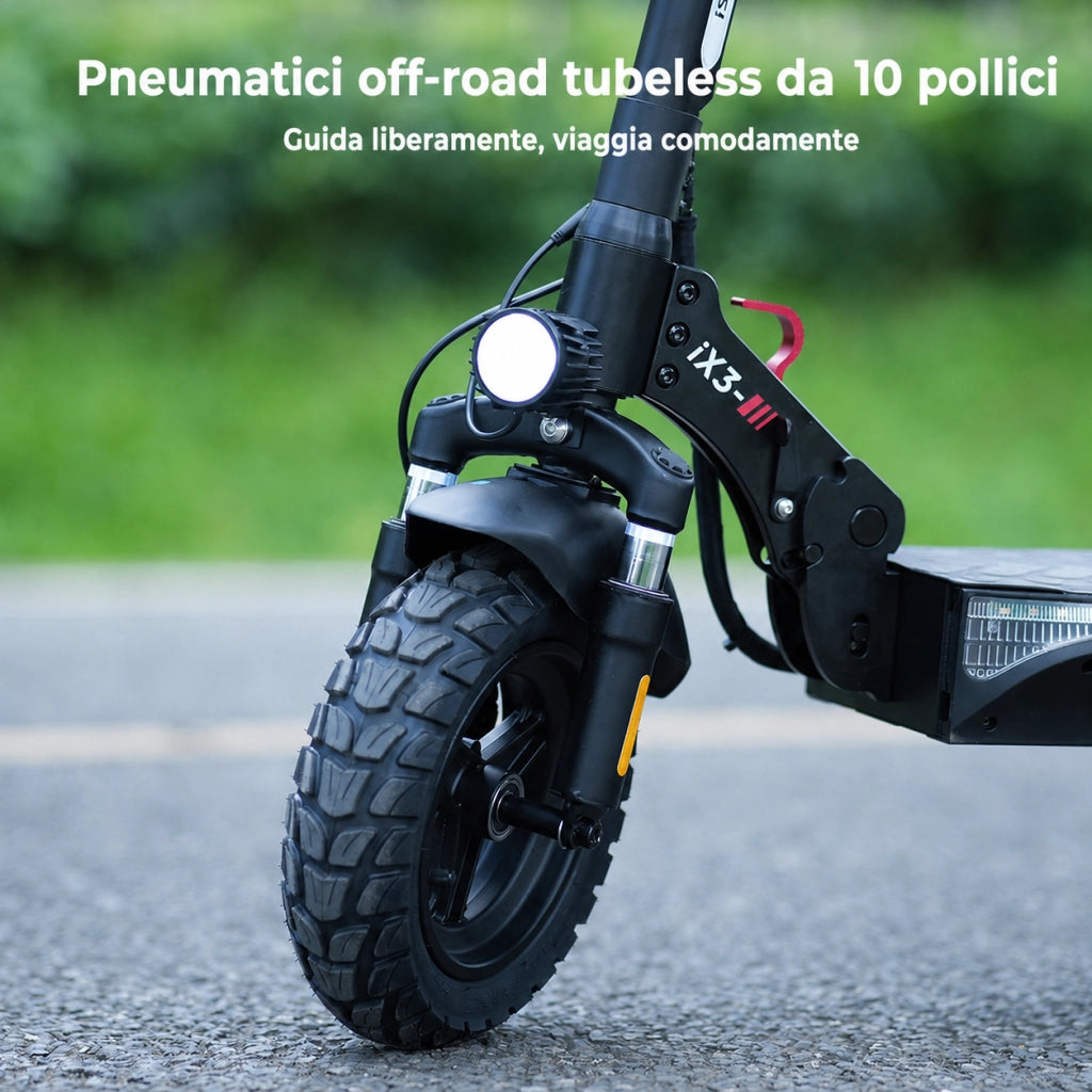 ix3 Monopattino Elettrico Pieghevole 800W; Batteria 48V 10Ah; Autonomia 30-40 km; Velocità 25 km/h; Pneumatici Off-Road da 10"; Doppia Sospensione; APP e Luci LED
