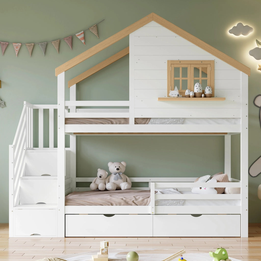 Letto a castello per bambini 90 × 200 cm con scala contenitore in legno bianco e naturale con cassetti e finestra apribile