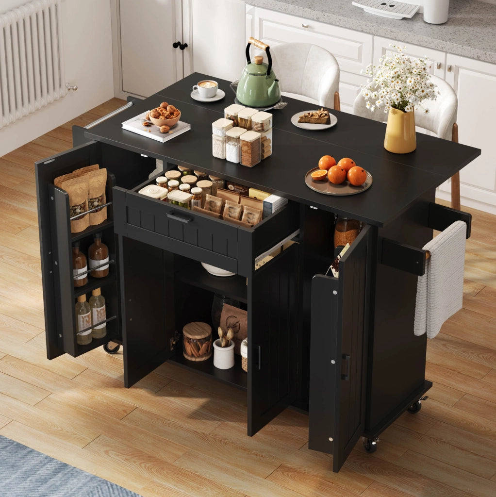 Carrello da cucina 120x45x95 cm con piano ribaltabile e 5 ruote in MDF; nero