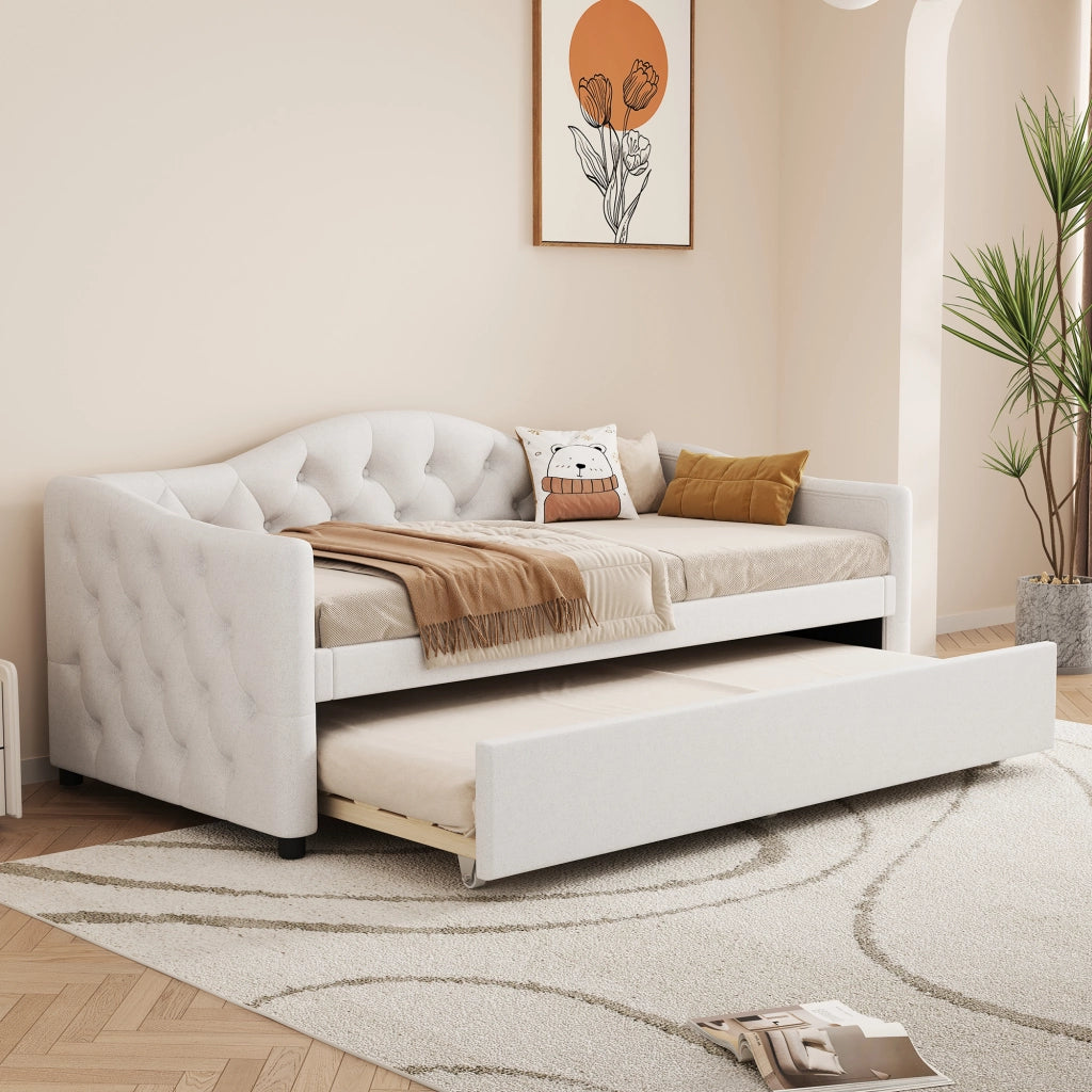 Letto singolo salvaspazio 90×200 cm con letto estraibile; senza materasso; lino e MDF; beige