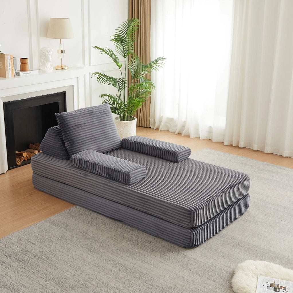 Divano modulare in velluto a coste grigio con schienali mobili e configurazioni flessibili