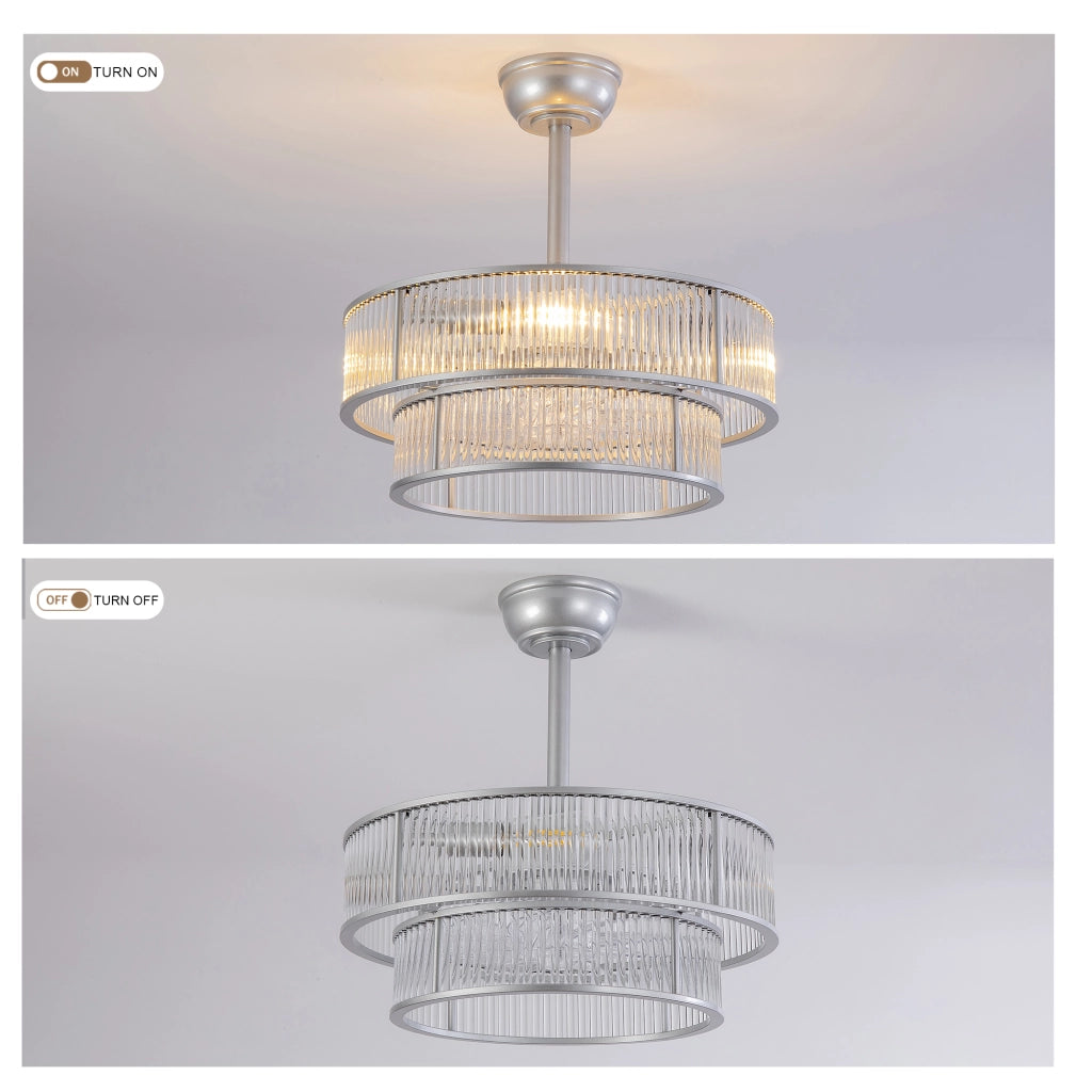 Ventilatore da soffitto con lampada, cristalli e 4 attacchi E26, argento, 53 × 53 × 30 cm, app e telecomando