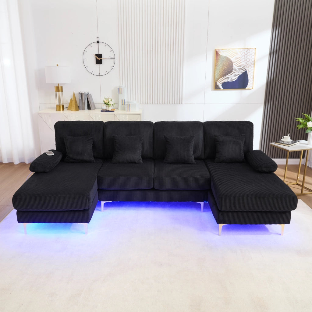 Divano a U con LED e porta USB; 265x135x88 cm; in velluto nero
