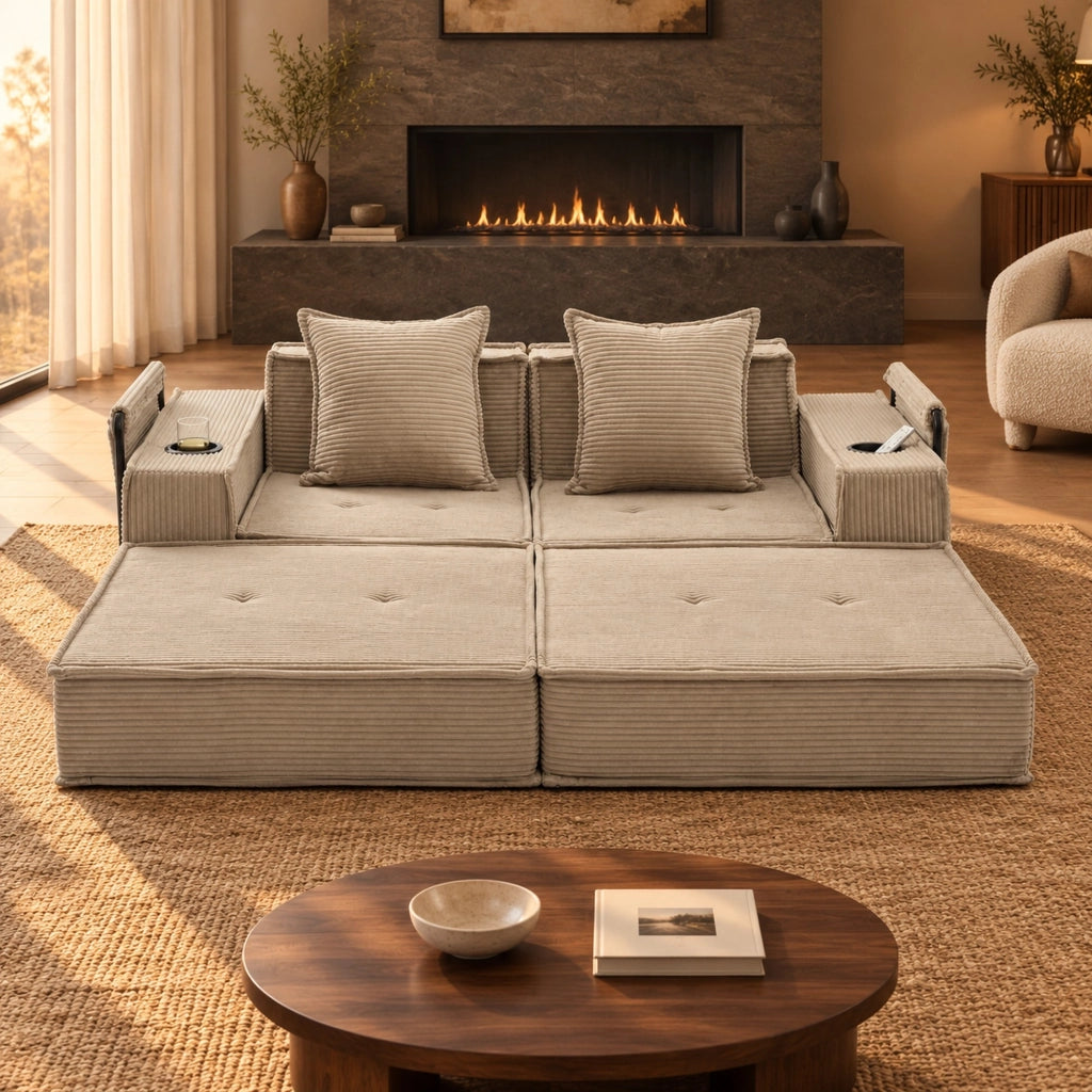 Divano basso 162x78x66 cm in velluto a coste khaki con 2 cuscini