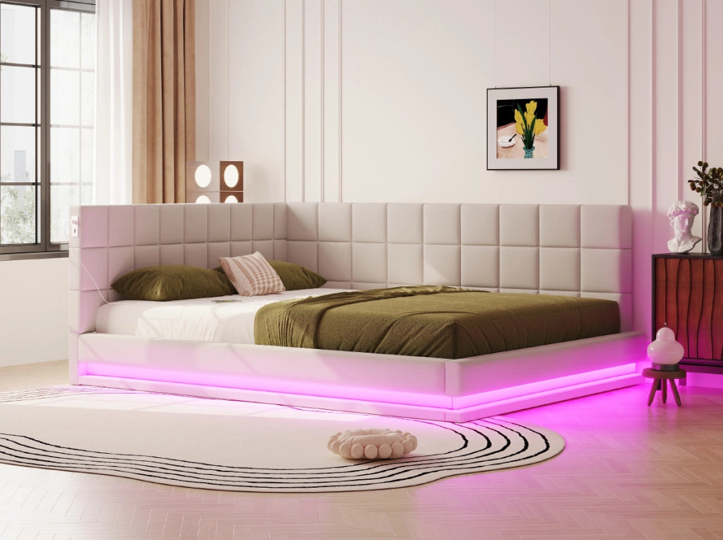 Divano letto imbottito 160x200 in lino beige con LED, USB e rete a doghe