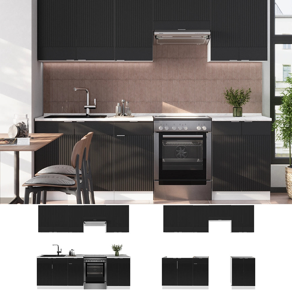 Cucina componibile Fame-Line Nero rigato/Bianco 240 cm, PL Antracite Vicco