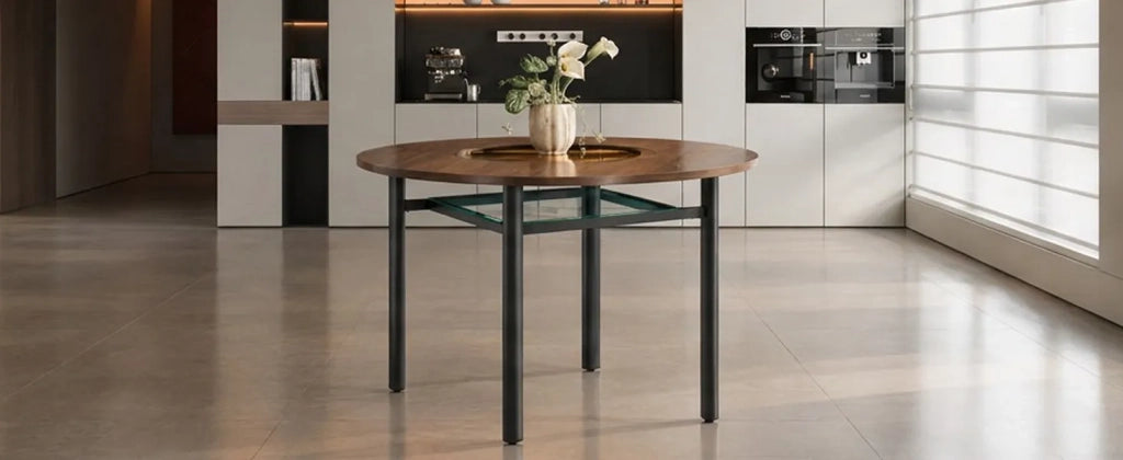 Tavolo rotondo moderno minimalista, diametro 100 cm, motivo legno marrone, piano vetro incassato marrone-grigio, struttura metallo stabile, per 2-4 persone