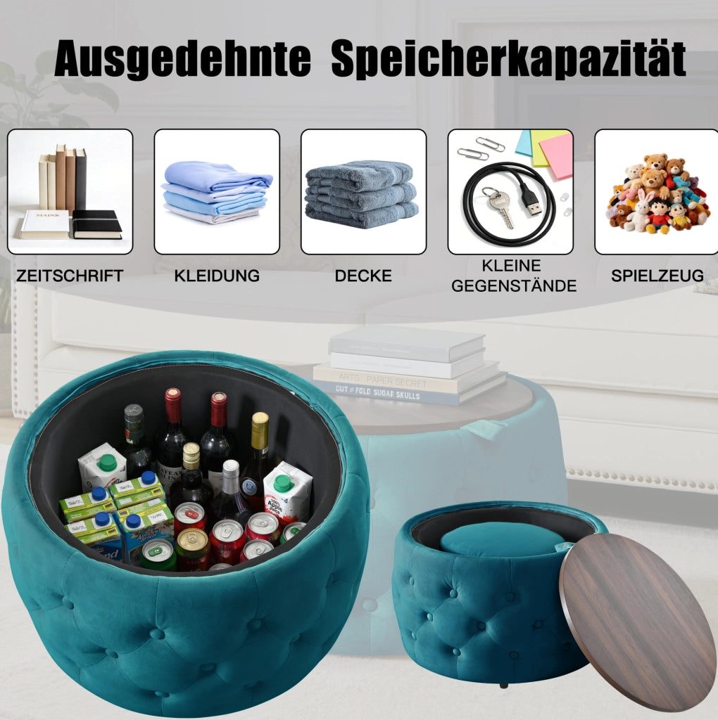 Set di 2 Pouf Nesting in Velluto Blu con Portaoggetti e Vassoio in Legno, Design Salvaspazio 4-in-1, Ø 58 cm