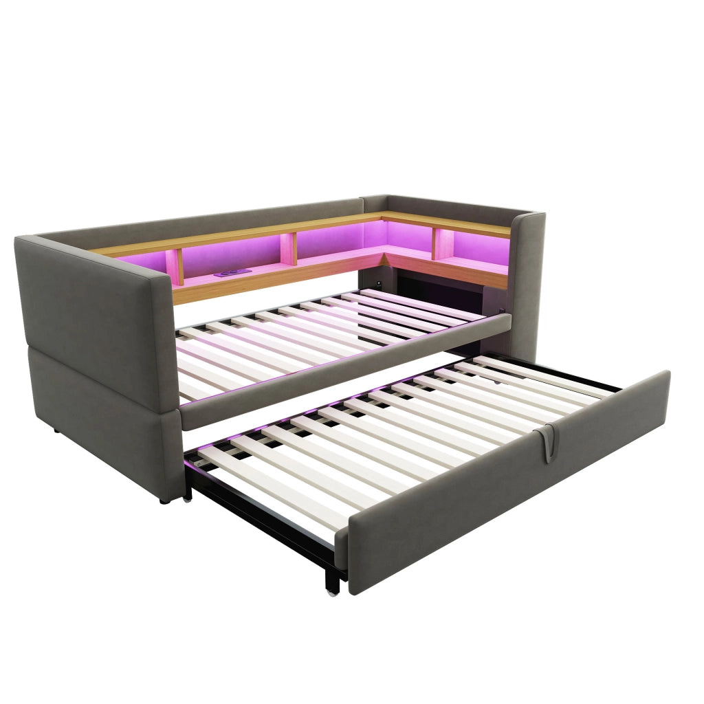 Letto Estraibile Letto Singolo 90/180 x 190 cm con LED; prese e vani contenitore