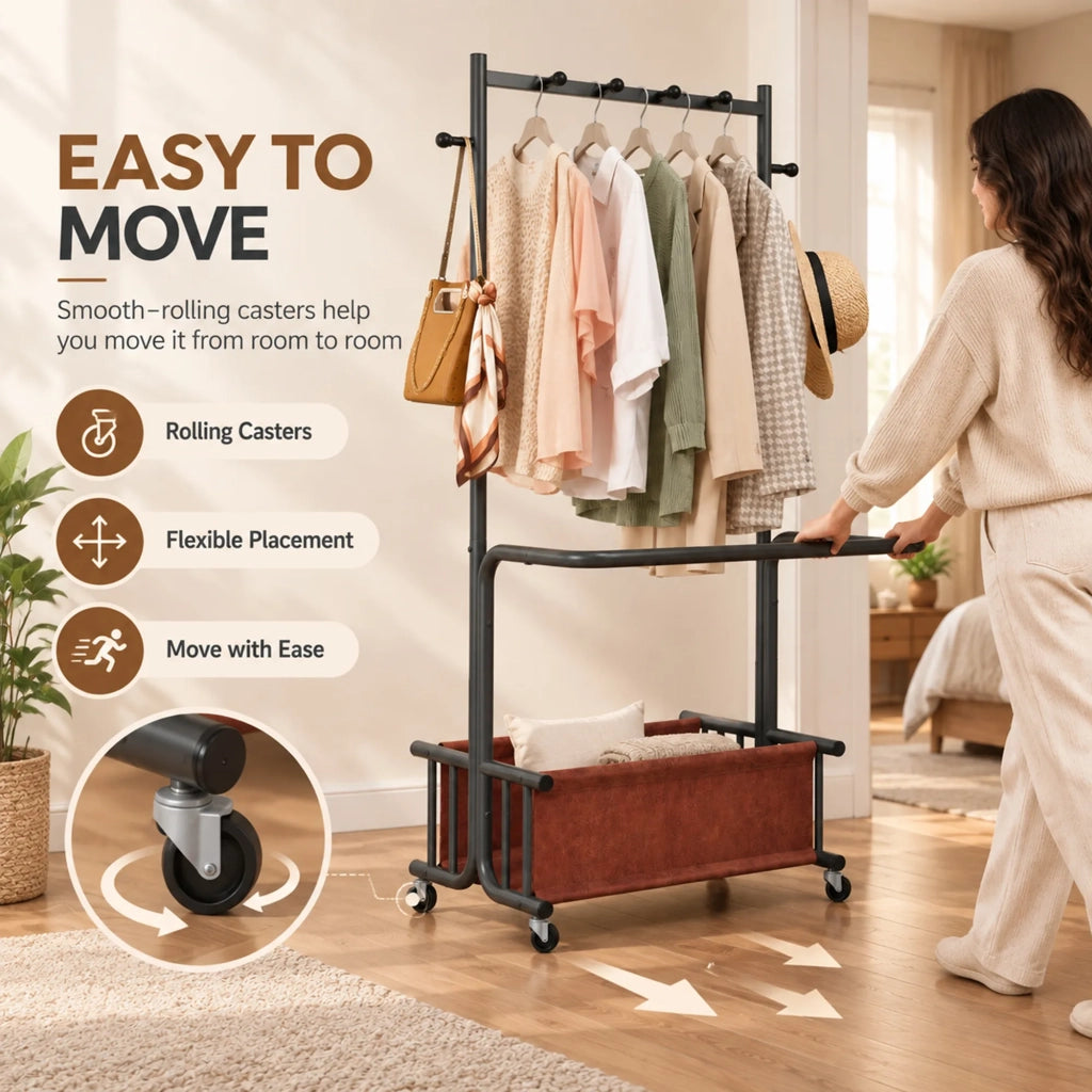 Appendiabiti in metallo con ruote, design multi-gancio e grande cesto porta indumenti in tessuto. Versatile per camera da letto, ingresso e lavanderia
