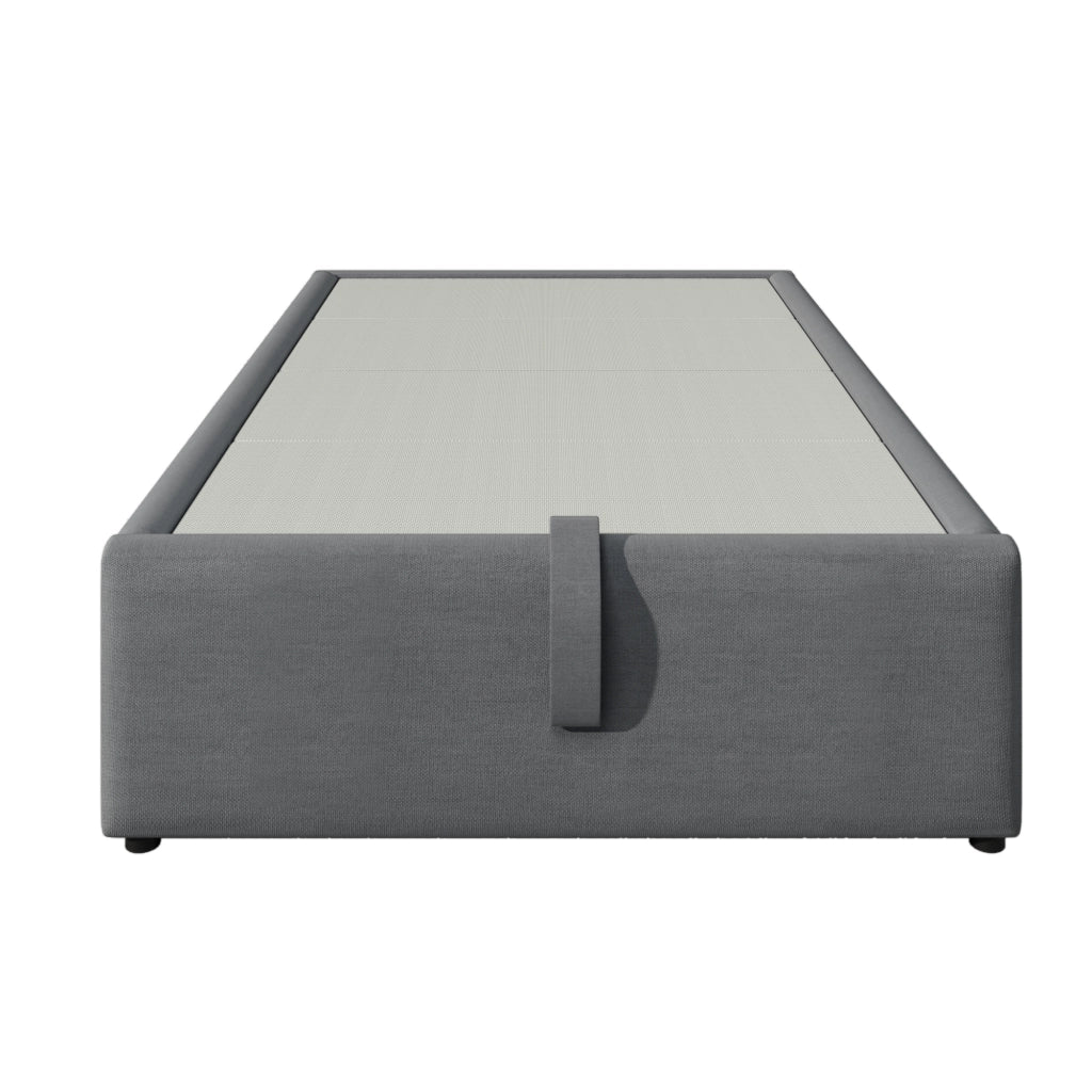 Letto imbottito singolo 90x200 cm con contenitore, ricarica USB-C e rete a doghe su tutta la superficie, senza testiera, cotone - Grigio