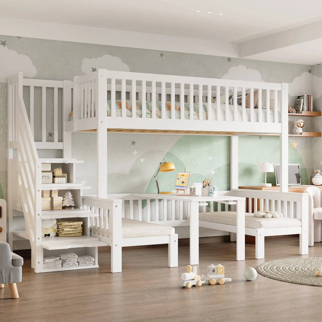 Letto a Castello 90x200 cm e 120x200 cm; con Tavolo Regolabile; Scala Contenitore e Sponda; Bianco