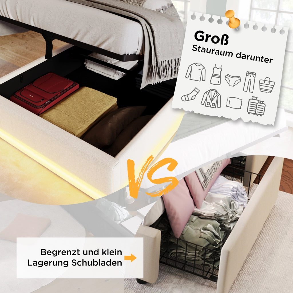 Letto contenitore 90 × 200 cm imbottito in cotone beige con testiera USB Type-C e LED su tre lati