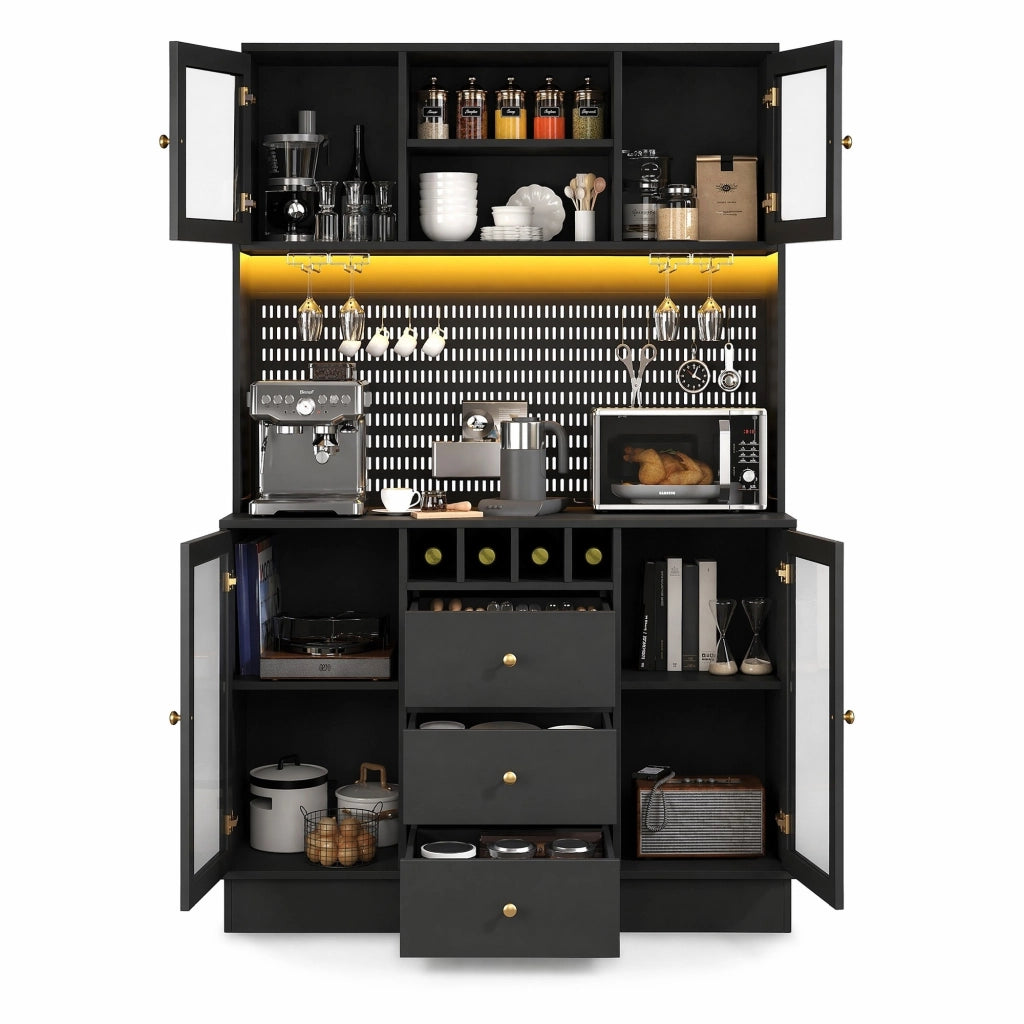 Credenza alta 140x40x185,7 cm in MDF nero con LED e contenitore