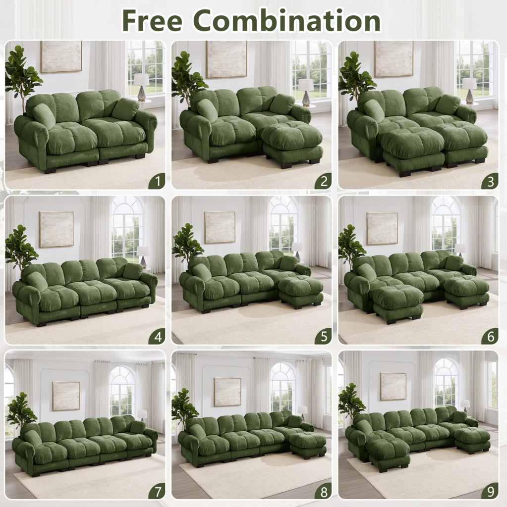 Divano modulare 2 posti ULEVR 190x86x90 cm in ciniglia verde con cuscini trapuntati e cuscino mobile