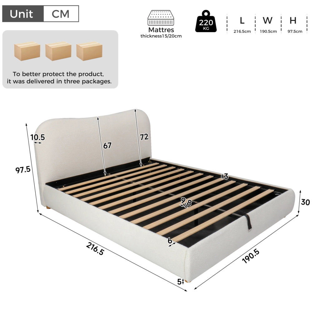 LETTO Matrimoniale Contenitore Idraulico 180x200 cm Bouclé Bianco con Rete