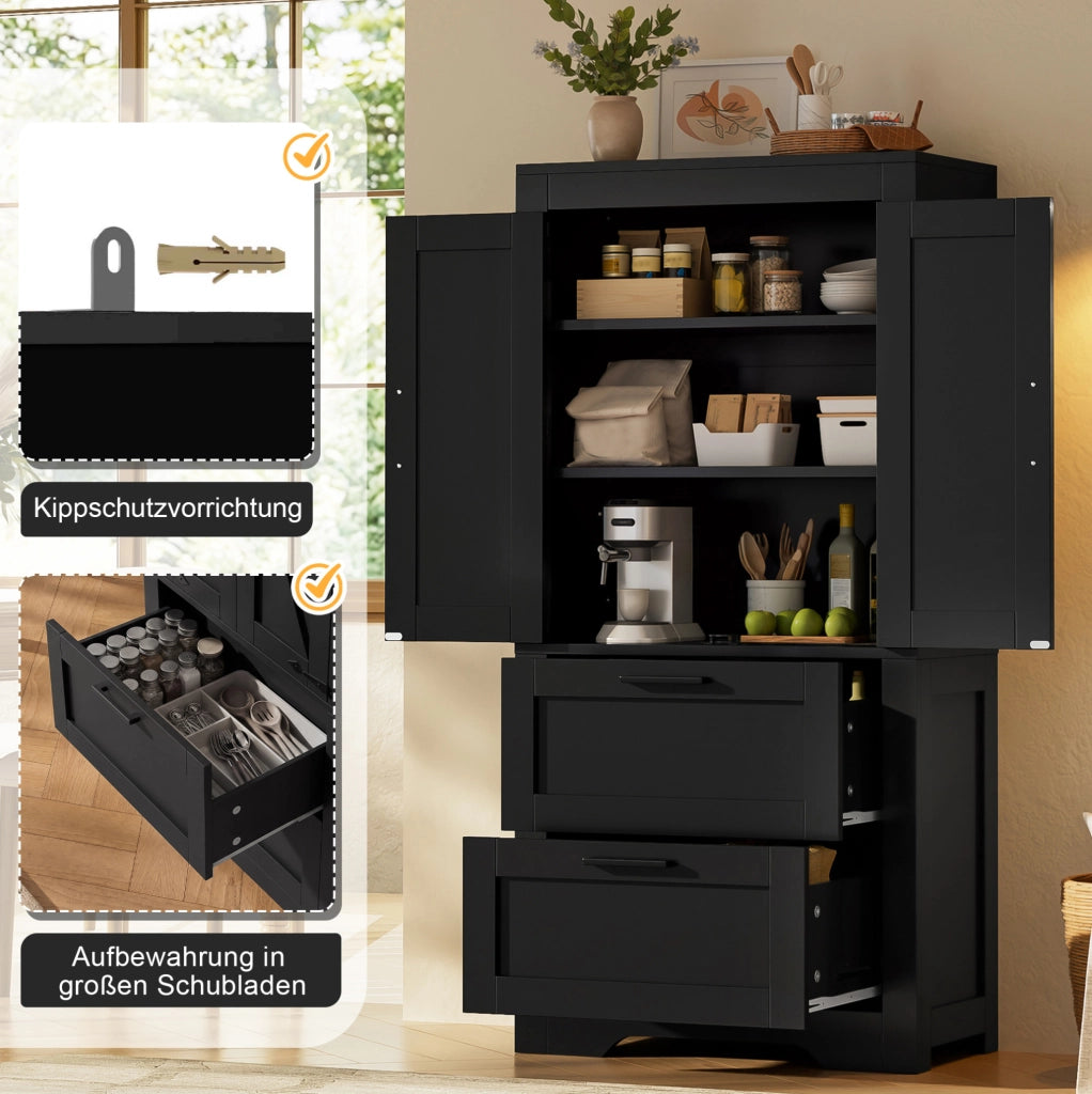 Credenza alta nera in MDF e PB con 2 cassetti e ripiani regolabili