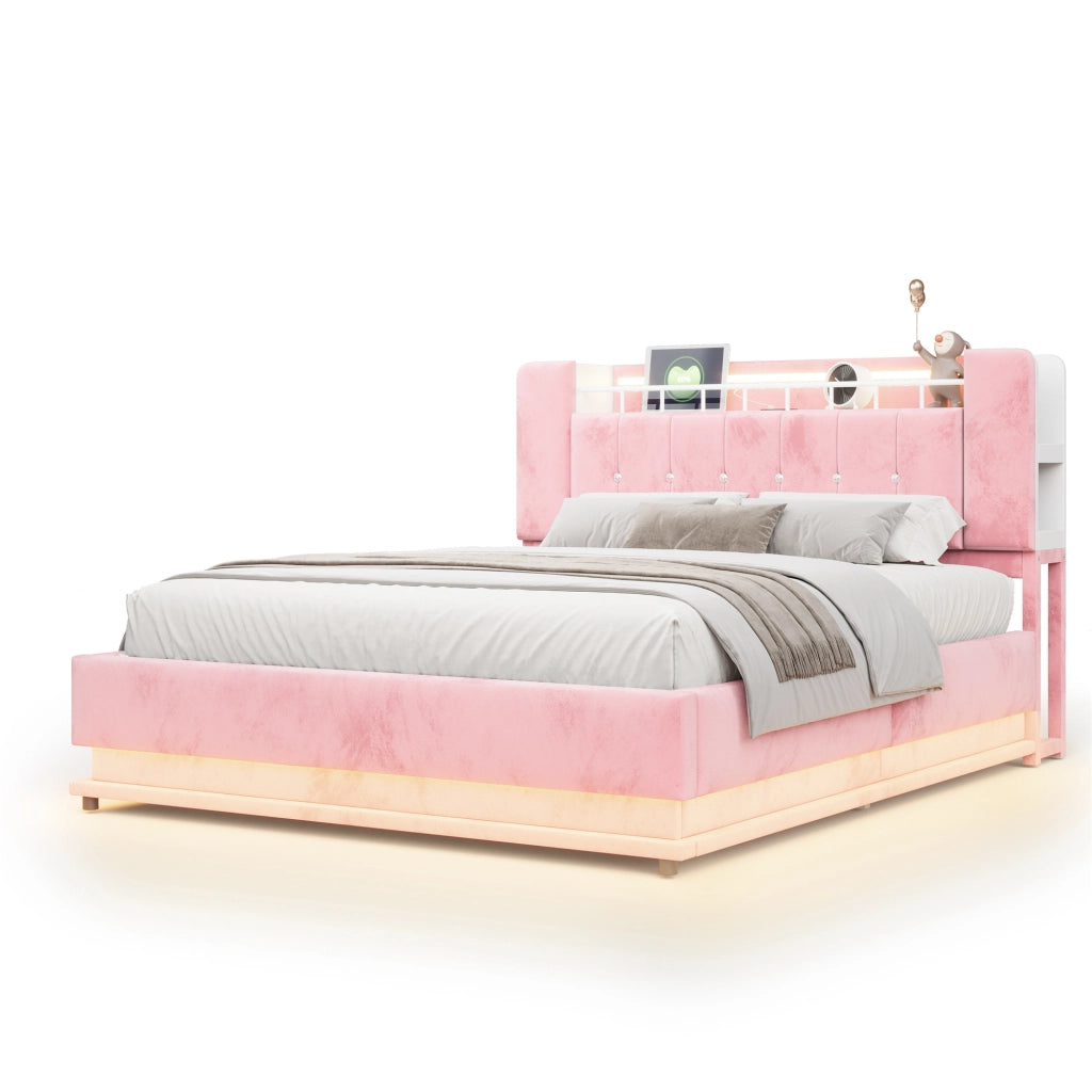 Letto imbottito rosa 160x200 con LED; USB e contenitore idraulico