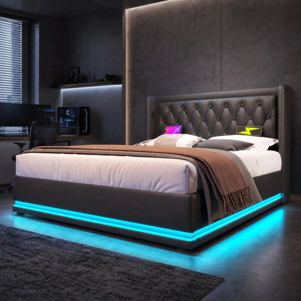 Letto matrimoniale con contenitore, LED e ricarica USB Type-C
