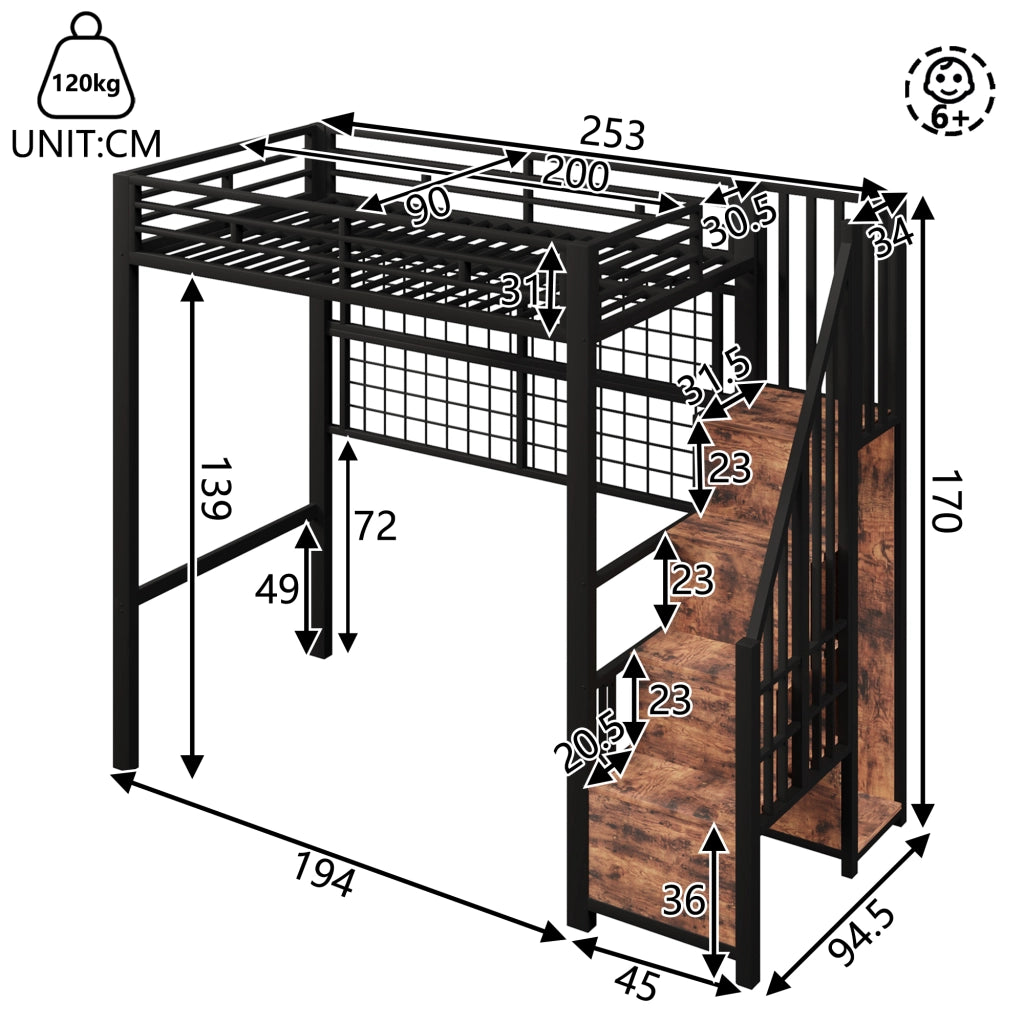 Letto a soppalco 90 × 200 cm con scala guardaroba griglia appendibile luci LED 7 colori metallo nero