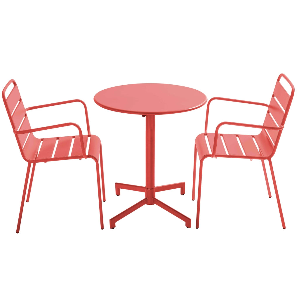 Oviala - Set tavolo da giardino e 2 poltrone in metallo rosso