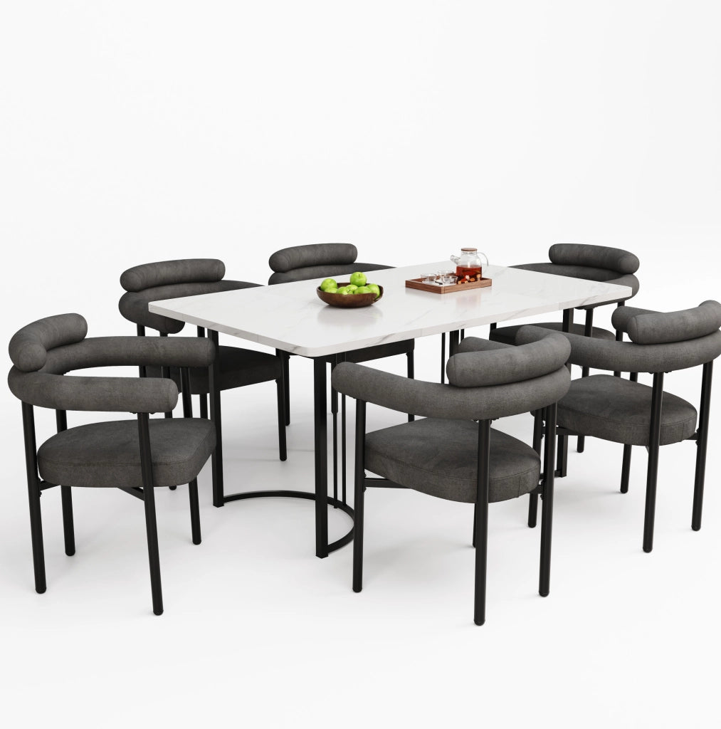 Set tavolo da pranzo con 6 sedie in velluto grigio scuro; tavolo 140x80 cm bianco