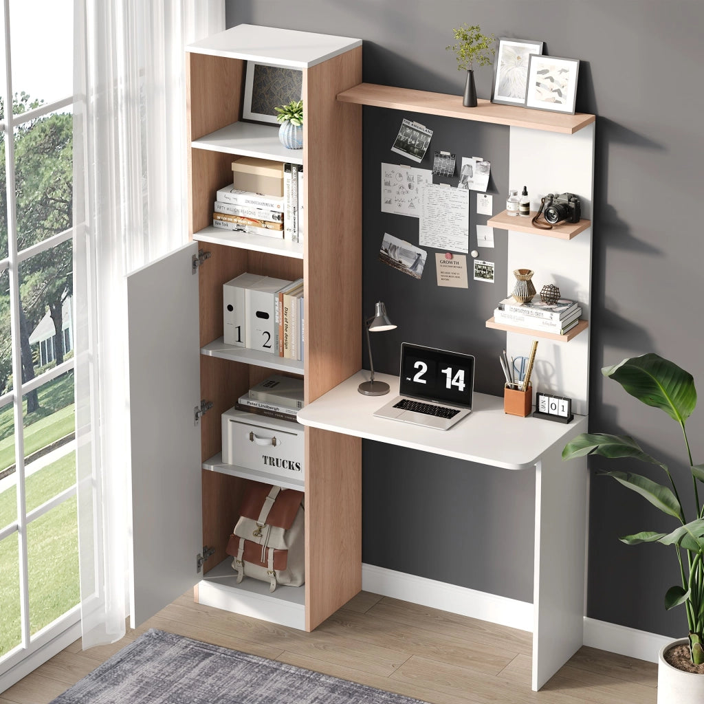 Scrivania da lavoro con contenimento ¨C bianca con contrasto in legno, mobile inferiore con ante e scaffale superiore aperto, design da ufficio, 123,5x45x168,5 cm