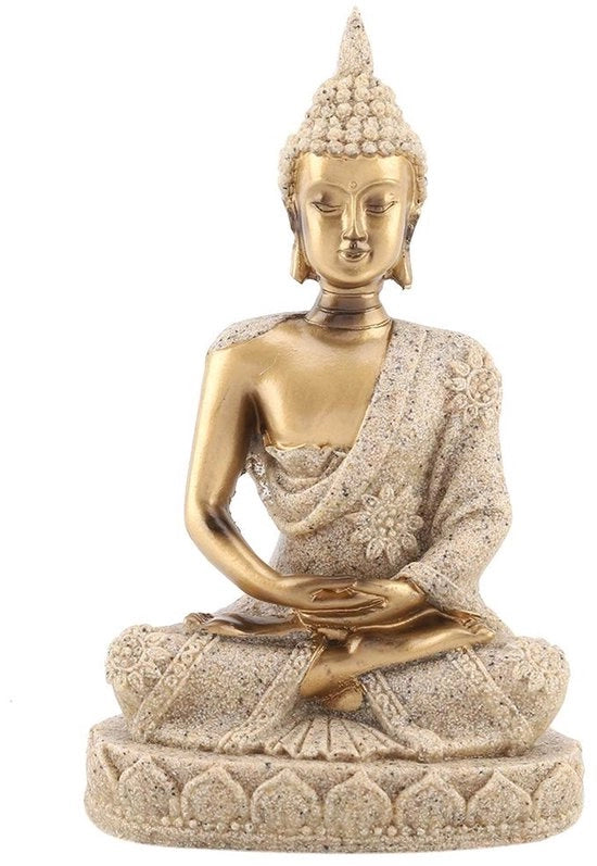 Statua di Buddha in pietra arenaria dorata - seduto - decorazione per tavolo - 11 cm