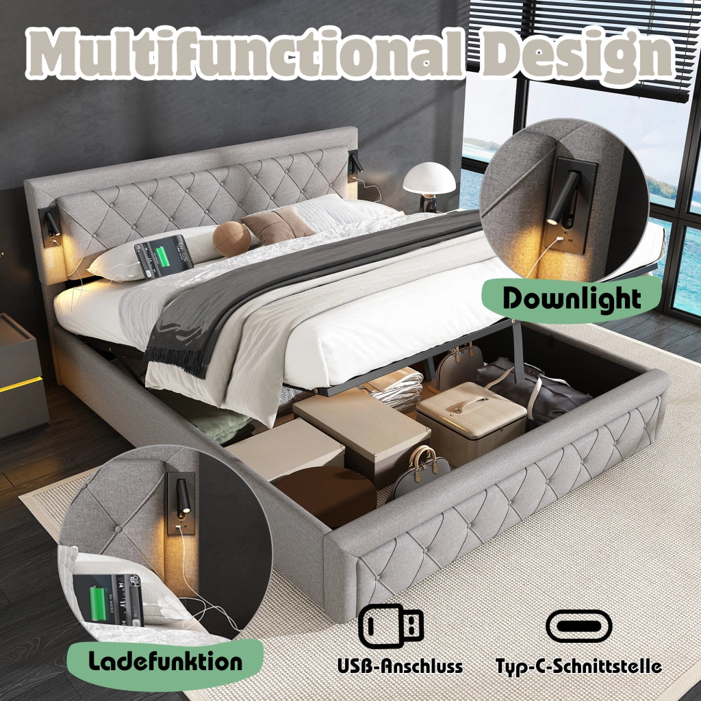 Letto contenitore idraulico imbottito in lino grigio con testiera trapuntata LED e porte USB