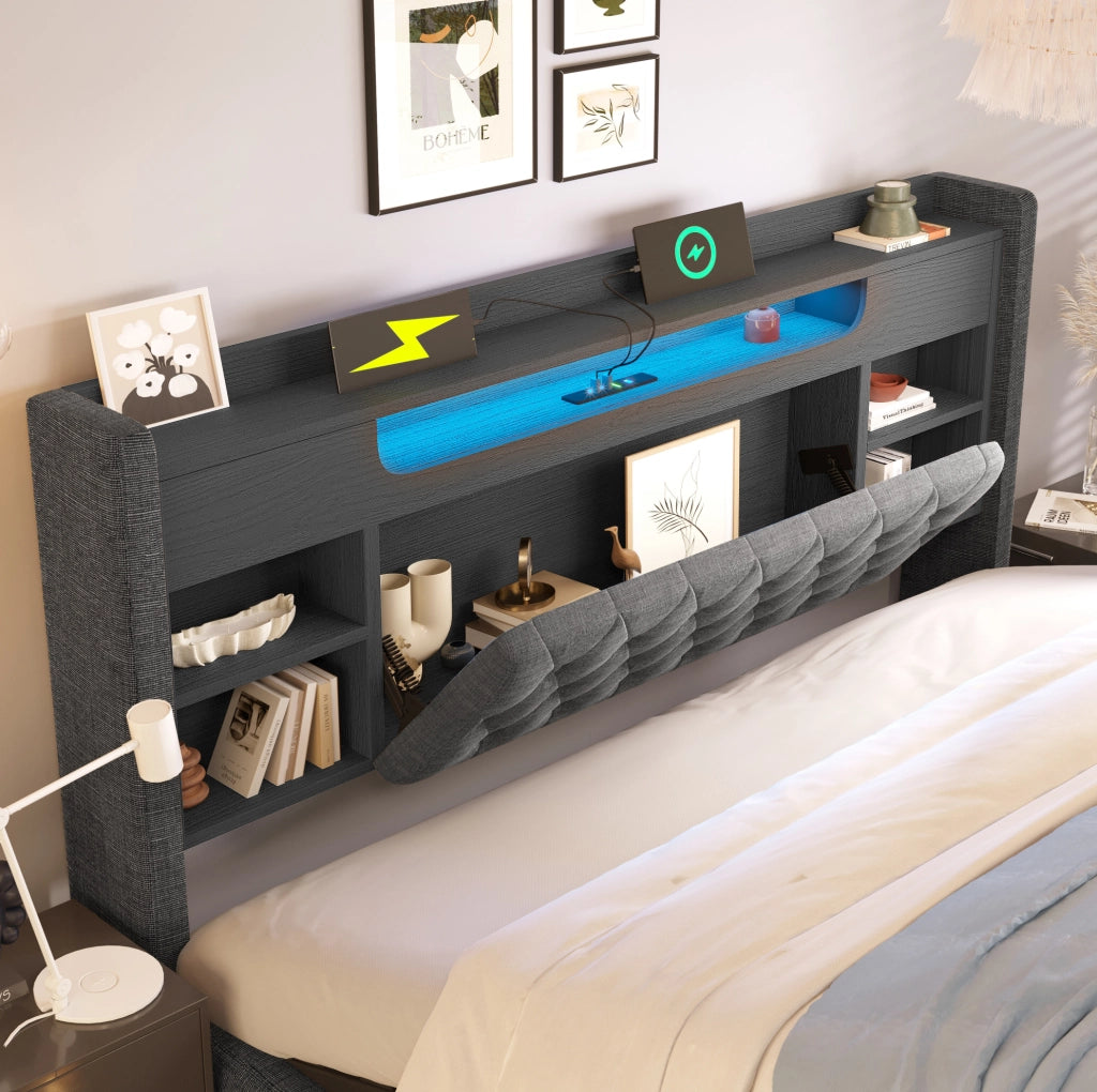Letto 180x200 cm con contenitore idraulico, LED e USB-C in lino grigio