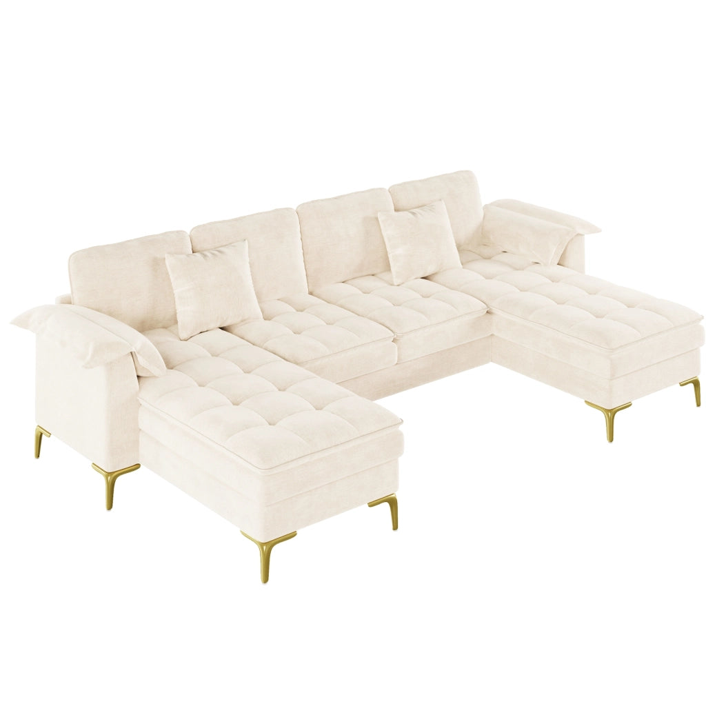Divano angolare a U ULEVR 262x134x86 cm, 4-5 posti con 2 chaise longue e cuscini, rivestimento in ciniglia beige