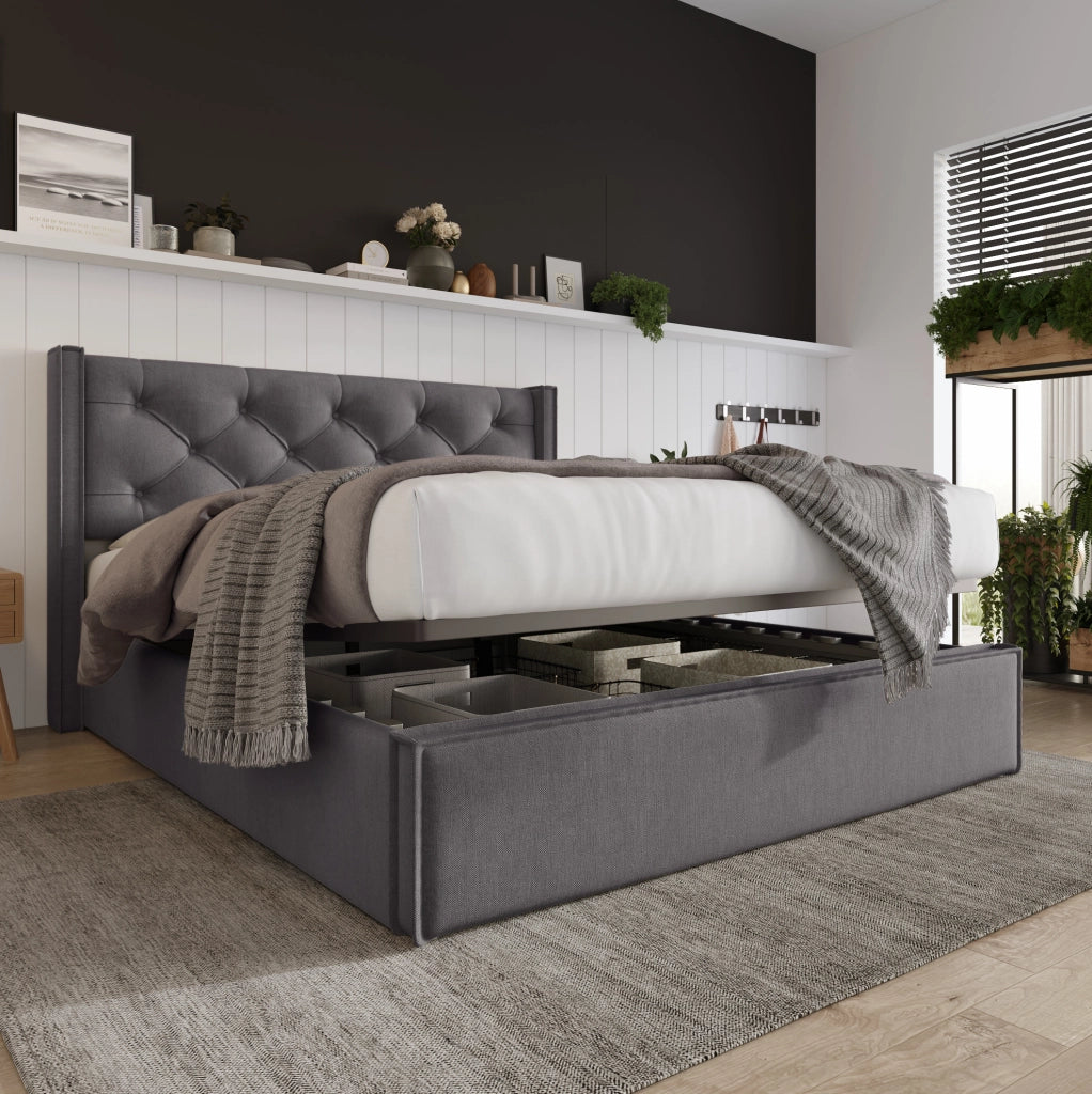 Letto matrimoniale imbottito 160x200 cm con contenitore e rete sollevabile, grigio