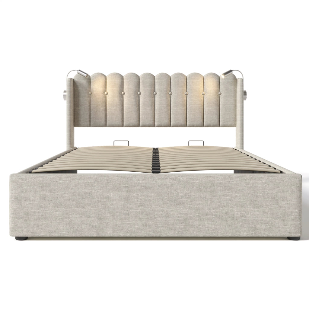 Letto contenitore beige 160x200 con testiera e luce da lettura