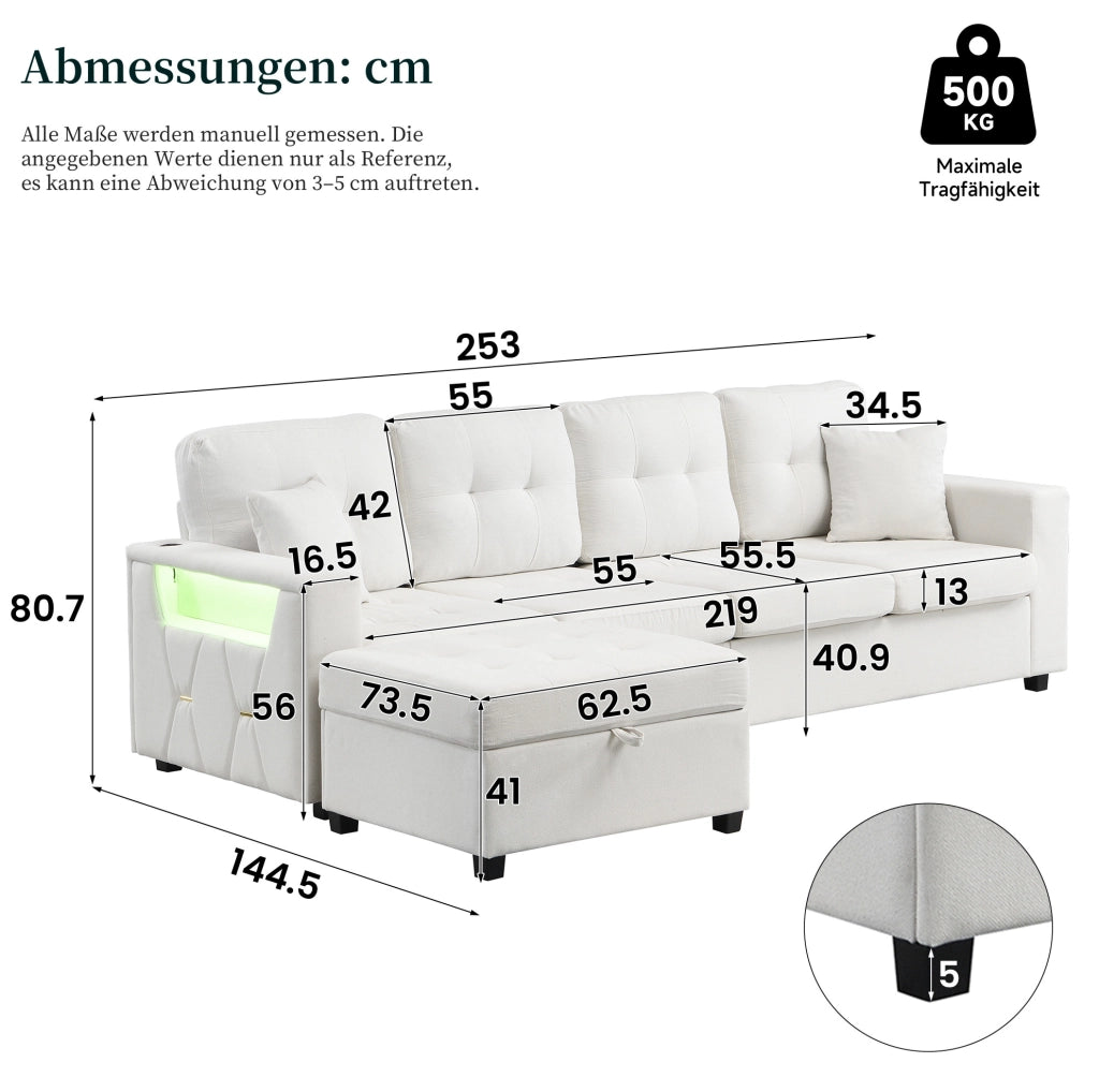 Divano 4 posti con pouf contenitore, USB e Type-C, LED, beige