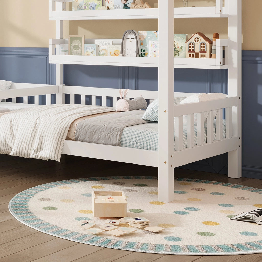 Letto a casetta per bambini in legno con cassetti e ripiani, bianco, 200x90 cm + 140x70 cm