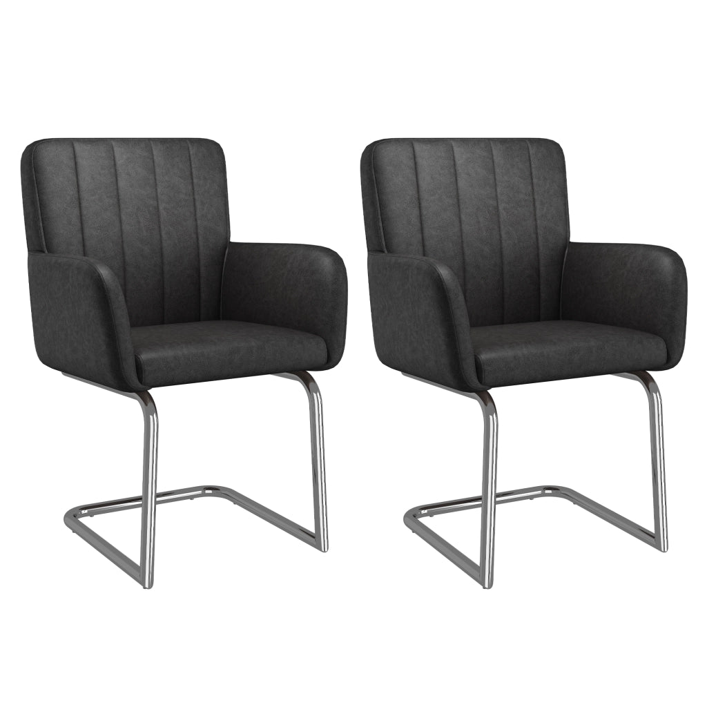 Set di 2 sedie da pranzo con schienale ergonomico e braccioli; gambe in metallo; in similpelle nera