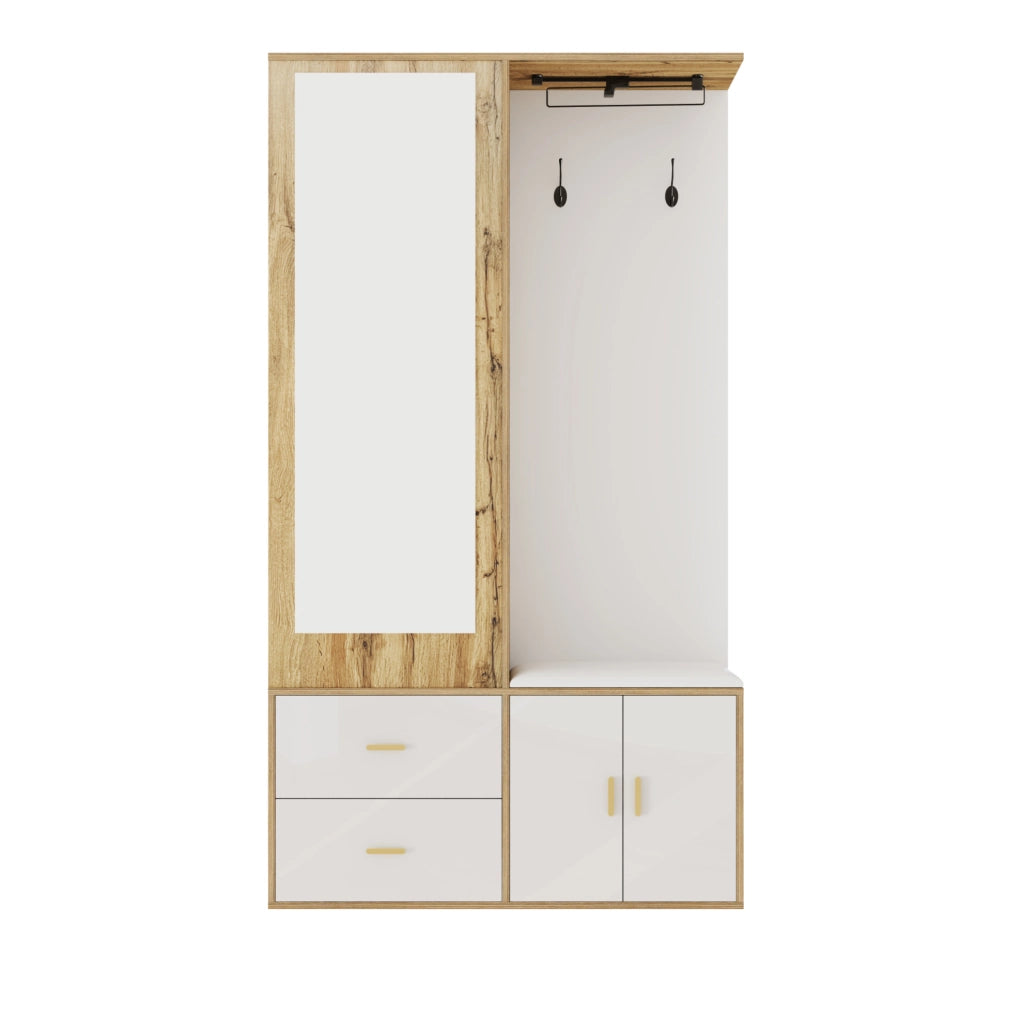 Set Appendiabiti Bianco e Legno con Specchio, Panca Scarpe e Grucce Estraibili, 100x38x180 cm